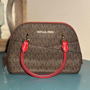 Michael Kors Jet Set Travel XS Zip Dome Brown Satchel Crossbody with Red Accents